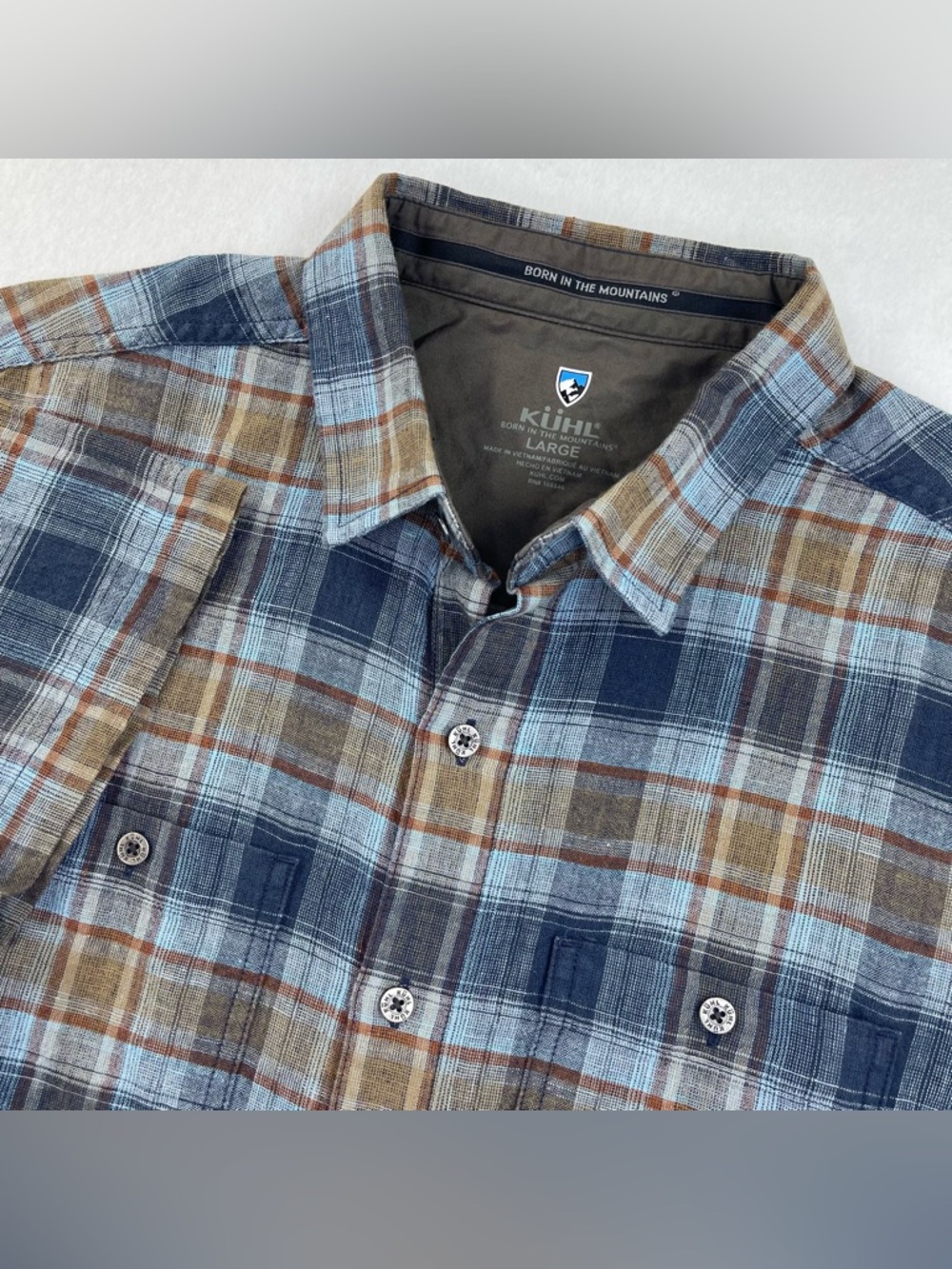 Kuhl Skorpio Shirt Mens L Blue Orange Plaid Linen Blend Button Up Short Sleeve